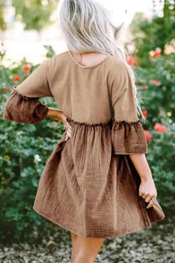 Fashion Dear-Lover Waffle Crinkle Patchwork Frilled Flare Dress Khaki