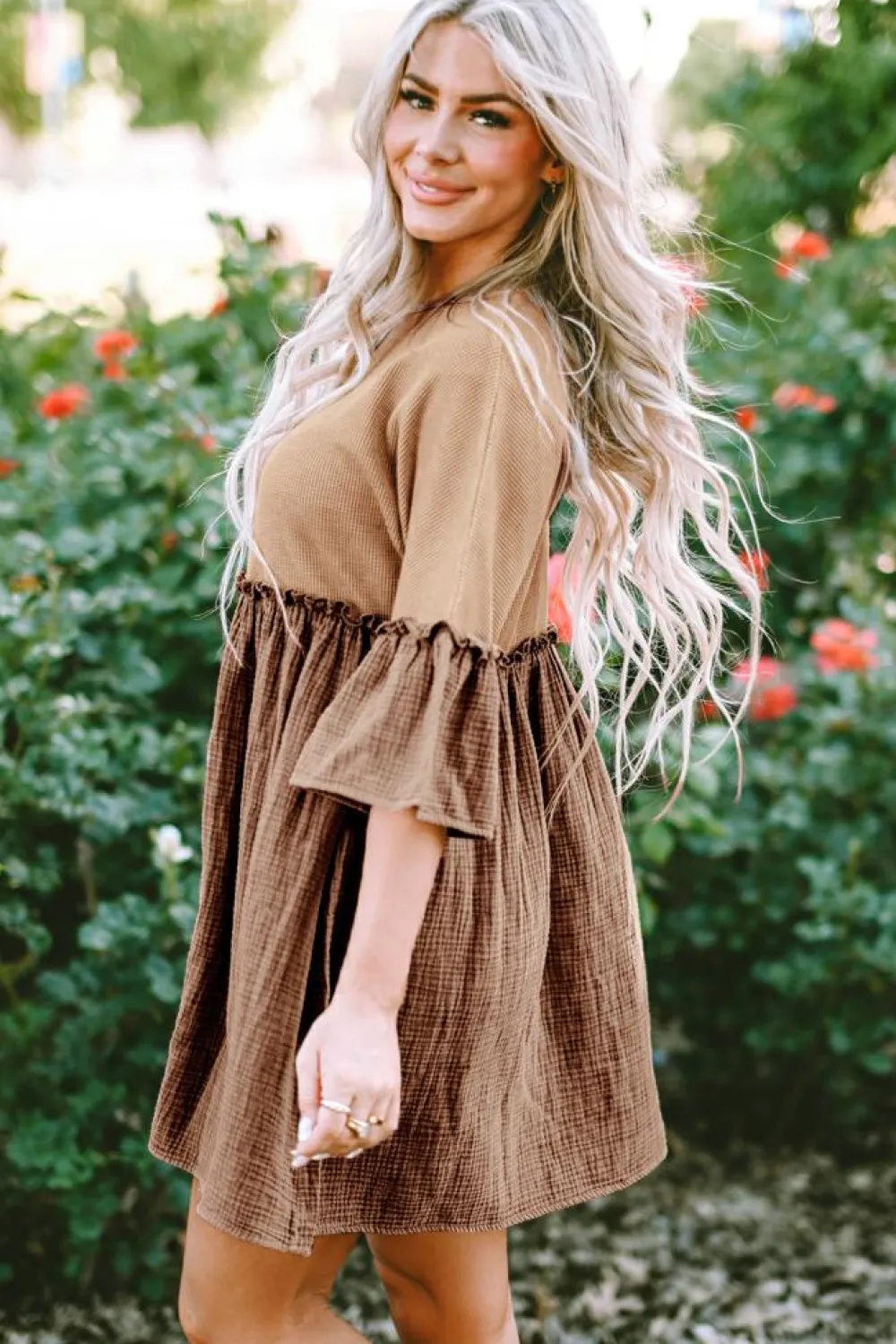 Fashion Dear-Lover Waffle Crinkle Patchwork Frilled Flare Dress Khaki