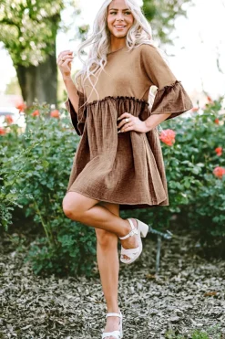 Fashion Dear-Lover Waffle Crinkle Patchwork Frilled Flare Dress Khaki