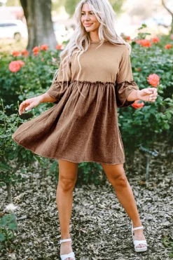 Fashion Dear-Lover Waffle Crinkle Patchwork Frilled Flare Dress Khaki