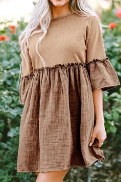 Fashion Dear-Lover Waffle Crinkle Patchwork Frilled Flare Dress Khaki