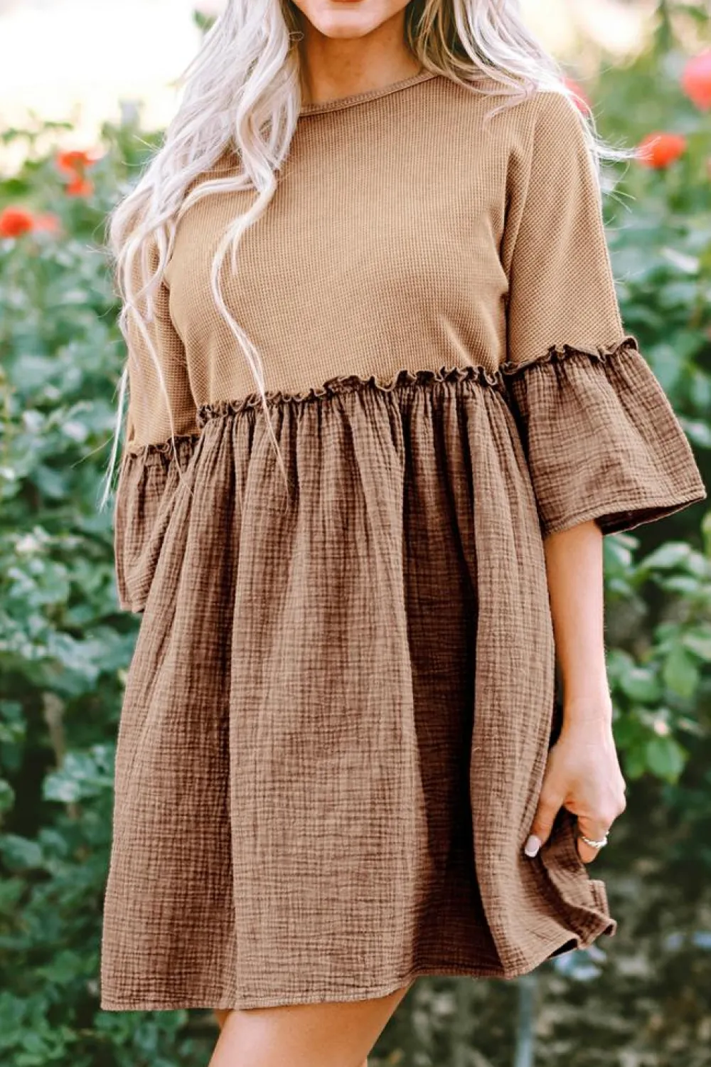 Fashion Dear-Lover Waffle Crinkle Patchwork Frilled Flare Dress Khaki