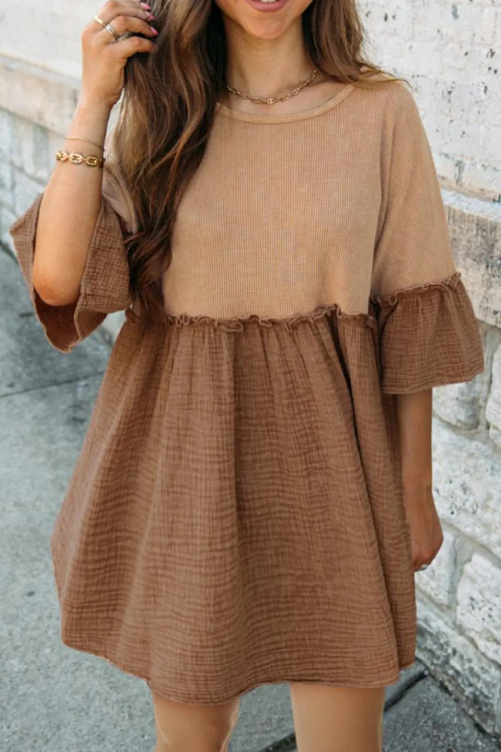 Fashion Dear-Lover Waffle Crinkle Patchwork Frilled Flare Dress Khaki