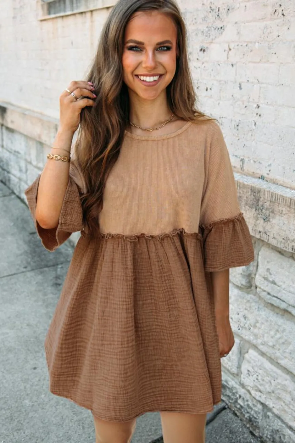 Fashion Dear-Lover Waffle Crinkle Patchwork Frilled Flare Dress Khaki
