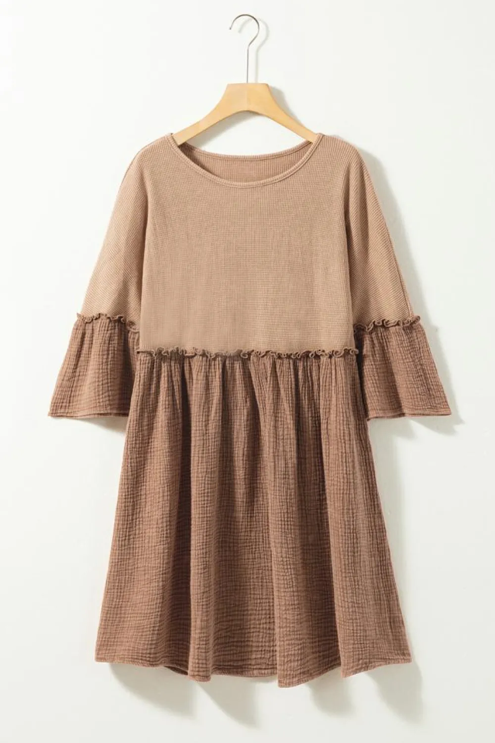 Fashion Dear-Lover Waffle Crinkle Patchwork Frilled Flare Dress Khaki