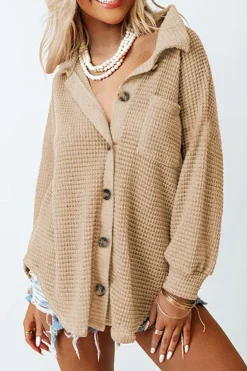 Best Dear-Lover Waffle Knit Button Up Casual Shirt Khaki