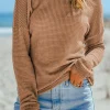 Sale Dear-Lover Waffle Knit Drop Shoulder Long Sleeve Top Khaki