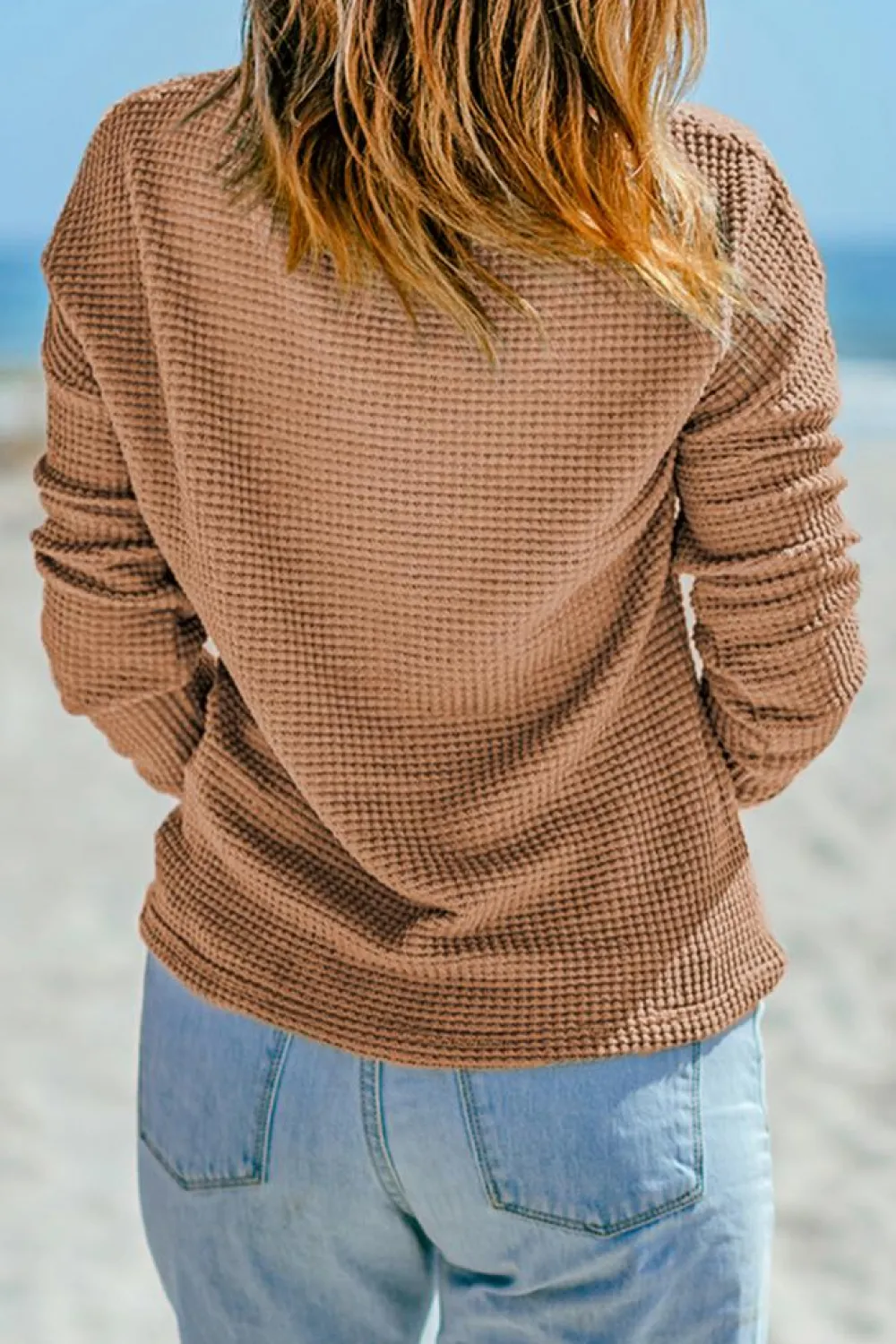 Sale Dear-Lover Waffle Knit Drop Shoulder Long Sleeve Top Khaki