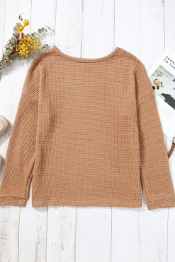 Sale Dear-Lover Waffle Knit Drop Shoulder Long Sleeve Top Khaki