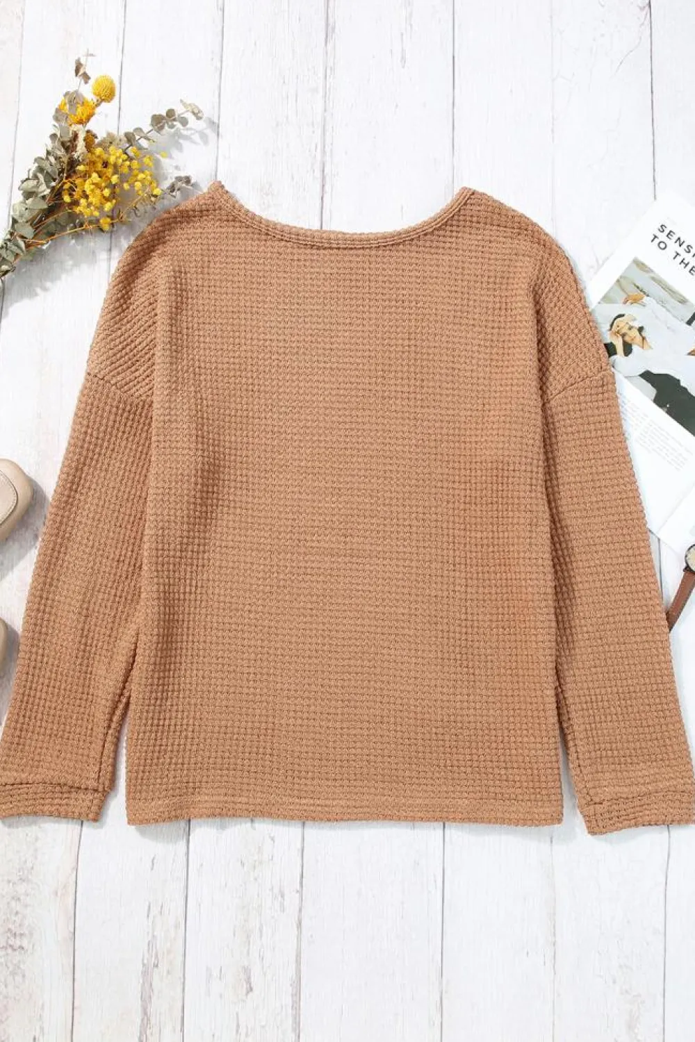 Sale Dear-Lover Waffle Knit Drop Shoulder Long Sleeve Top Khaki