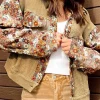Best Dear-Lover Waffle Knit Floral Print Patchwork Button up Jacket Khaki