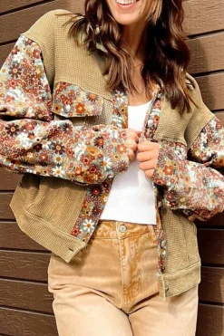 Best Dear-Lover Waffle Knit Floral Print Patchwork Button up Jacket Khaki