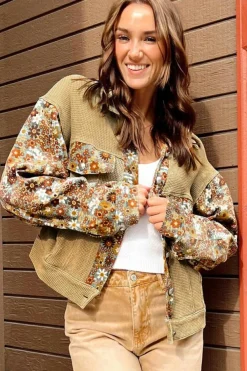 Best Dear-Lover Waffle Knit Floral Print Patchwork Button up Jacket Khaki