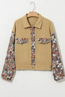 Best Dear-Lover Waffle Knit Floral Print Patchwork Button up Jacket Khaki