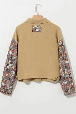 Best Dear-Lover Waffle Knit Floral Print Patchwork Button up Jacket Khaki