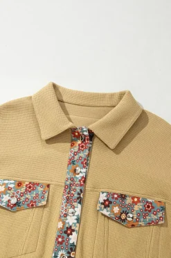 Best Dear-Lover Waffle Knit Floral Print Patchwork Button up Jacket Khaki