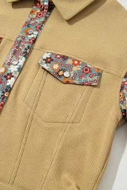 Best Dear-Lover Waffle Knit Floral Print Patchwork Button up Jacket Khaki