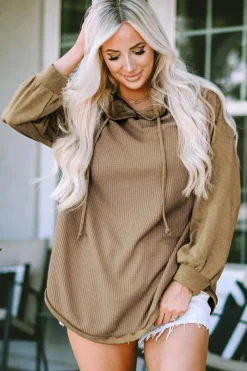 Outlet Dear-Lover Waffled Expose Seam Drawstring Hoodie Khaki