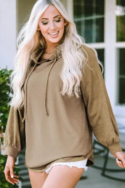 Outlet Dear-Lover Waffled Expose Seam Drawstring Hoodie Khaki