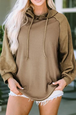 Outlet Dear-Lover Waffled Expose Seam Drawstring Hoodie Khaki