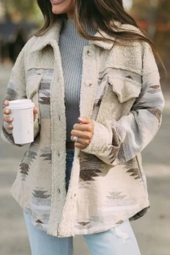Best Dear-Lover Western Aztec Print Sherpa Splicing Buttoned Flap Pocket Coat Khaki