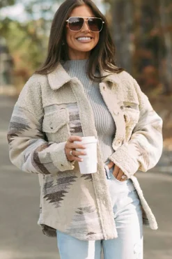Best Dear-Lover Western Aztec Print Sherpa Splicing Buttoned Flap Pocket Coat Khaki