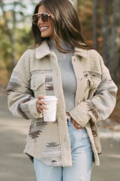 Best Dear-Lover Western Aztec Print Sherpa Splicing Buttoned Flap Pocket Coat Khaki