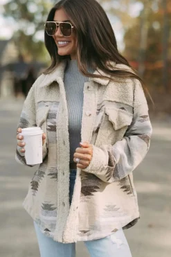 Best Dear-Lover Western Aztec Print Sherpa Splicing Buttoned Flap Pocket Coat Khaki
