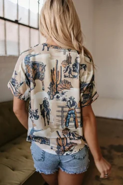 Outlet Dear-Lover Western Cowboy Print Cuffed Sleeve Crewneck T Shirt Khaki