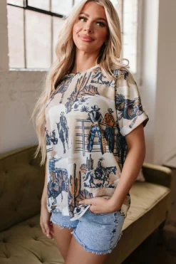 Outlet Dear-Lover Western Cowboy Print Cuffed Sleeve Crewneck T Shirt Khaki