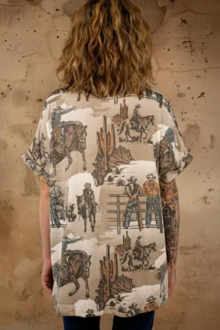 Outlet Dear-Lover Western Cowboy Print Cuffed Sleeve Crewneck T Shirt Khaki