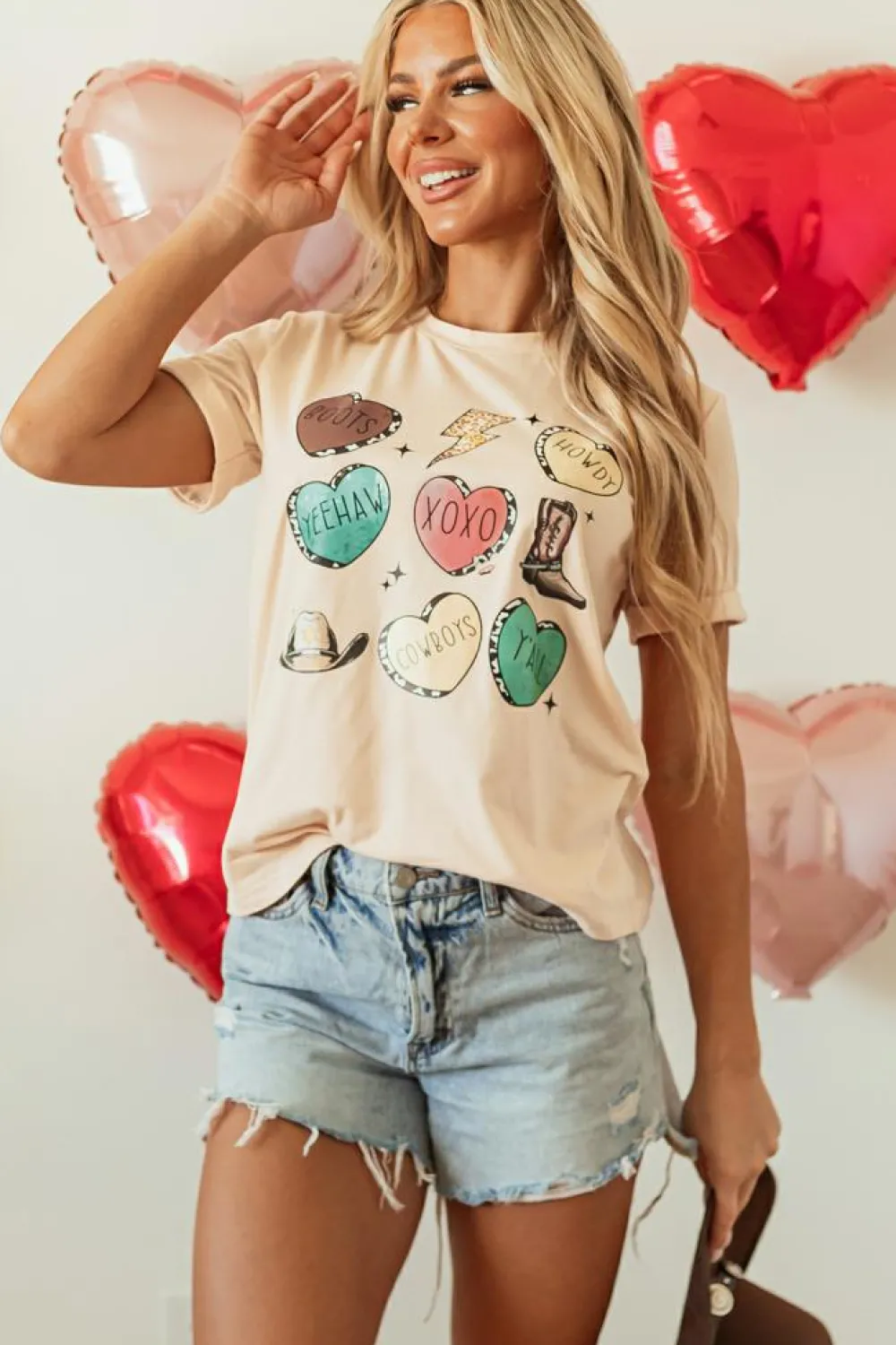 Fashion Dear-Lover Western Fashion Valentine Graphic T-shirt Khaki