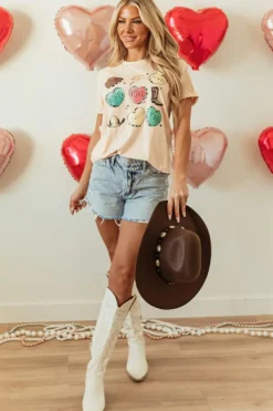 Fashion Dear-Lover Western Fashion Valentine Graphic T-shirt Khaki