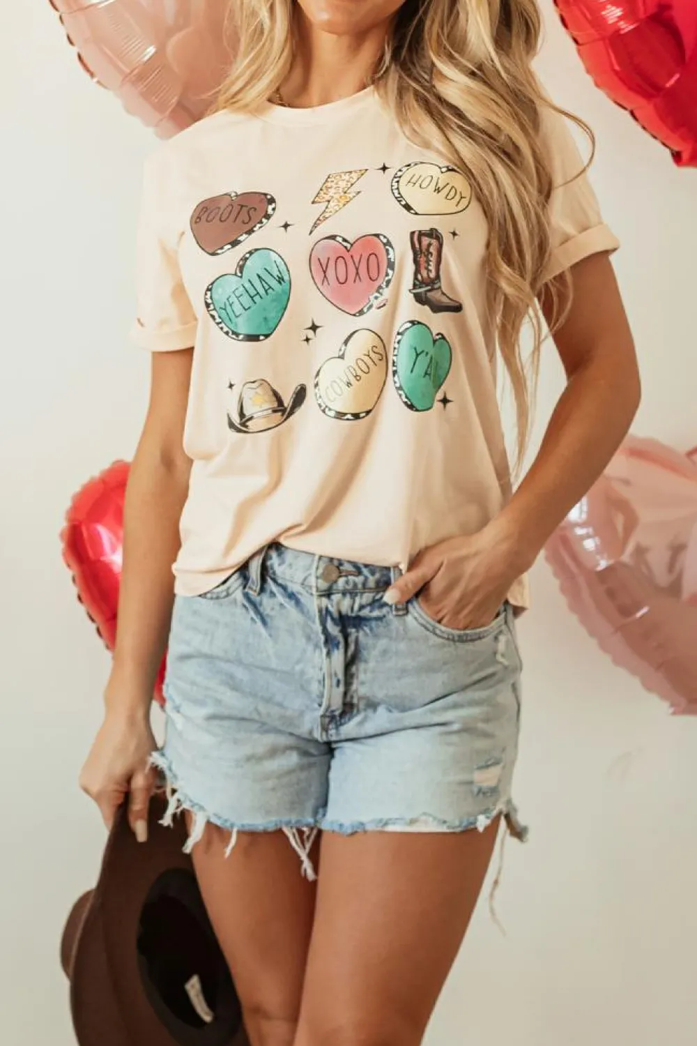 Fashion Dear-Lover Western Fashion Valentine Graphic T-shirt Khaki