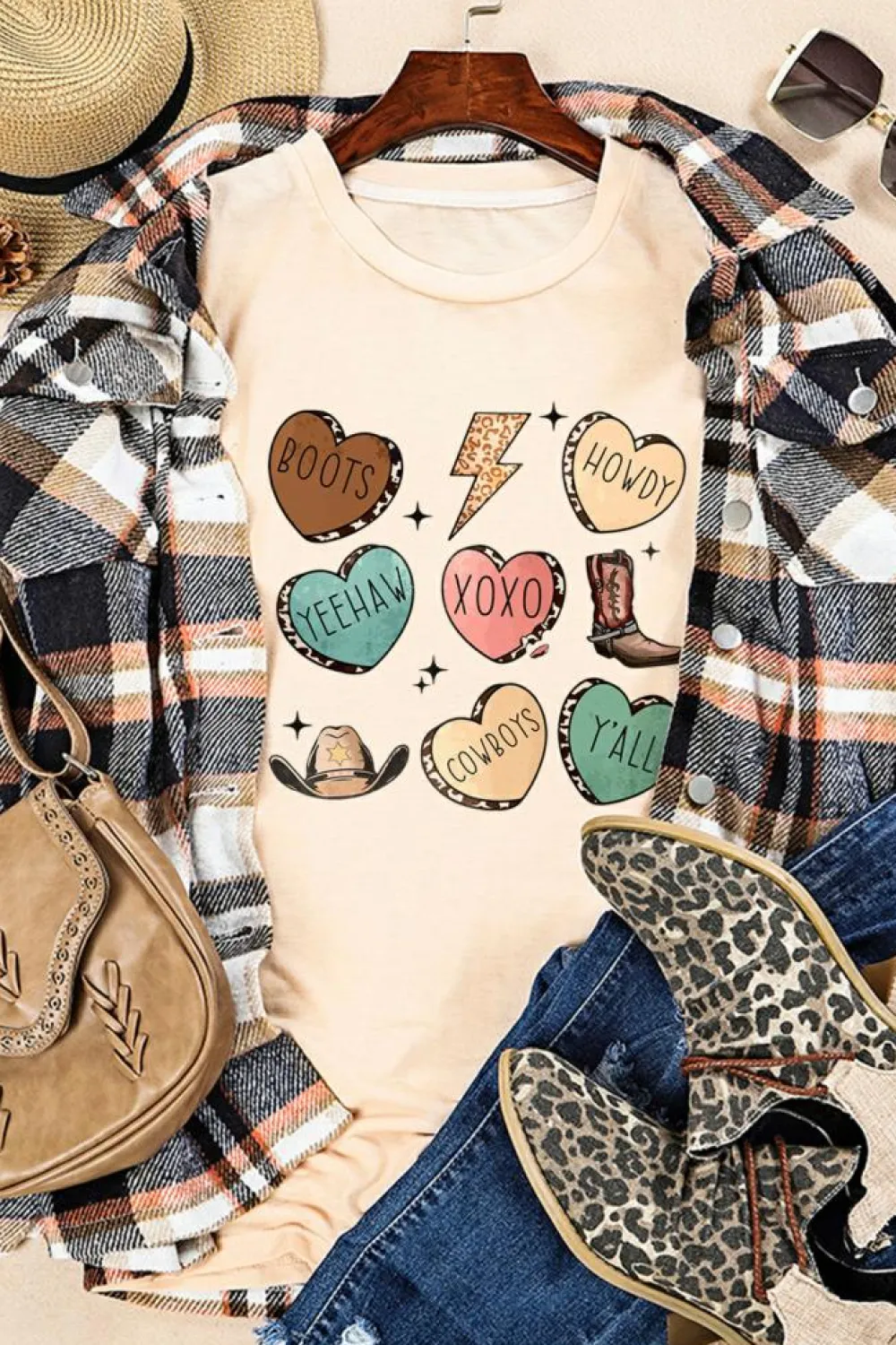 Fashion Dear-Lover Western Fashion Valentine Graphic T-shirt Khaki