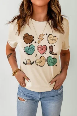 Fashion Dear-Lover Western Fashion Valentine Graphic T-shirt Khaki