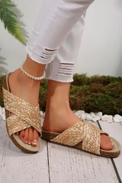 Outlet Dear-Lover Woven Criss Cross Thick Sole Slip On Slippers Khaki