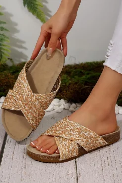 Outlet Dear-Lover Woven Criss Cross Thick Sole Slip On Slippers Khaki