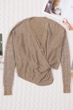 Best Dear-Lover Wrap V Neck Waffle Sweater Khaki