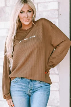 Hot Dear-Lover You Are Loved Print Corduroy Sweatshirt Khaki