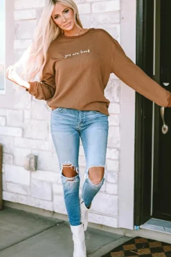 Hot Dear-Lover You Are Loved Print Corduroy Sweatshirt Khaki