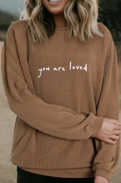 Hot Dear-Lover You Are Loved Print Corduroy Sweatshirt Khaki