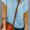Discount Dear-Lover Knit Pocketed Tee with Side Slits Sky Blue