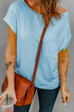 Discount Dear-Lover Knit Pocketed Tee with Side Slits Sky Blue