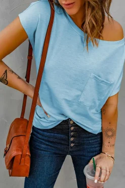 Discount Dear-Lover Knit Pocketed Tee with Side Slits Sky Blue
