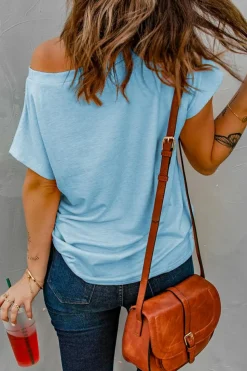 Discount Dear-Lover Knit Pocketed Tee with Side Slits Sky Blue