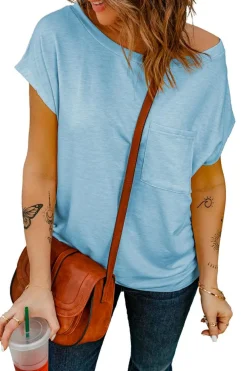 Discount Dear-Lover Knit Pocketed Tee with Side Slits Sky Blue