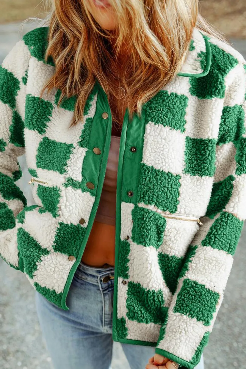 Best Dear-Lover Checked Snap Button Sherpa Jacket Lapis