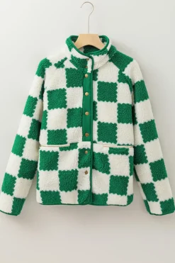 Best Dear-Lover Checked Snap Button Sherpa Jacket Lapis