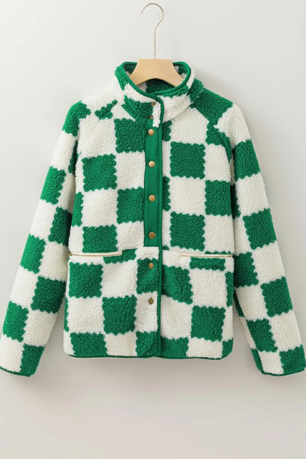 Best Dear-Lover Checked Snap Button Sherpa Jacket Lapis